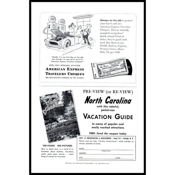 1954 American Express Travelers Cheques Vintage Print Ad Gas Pumps Wall Art - Picture 2 of 2